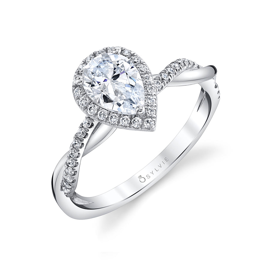 Pear Shaped Modern Halo Diamond Spiral Engagement Ring - Coralie Platinum White