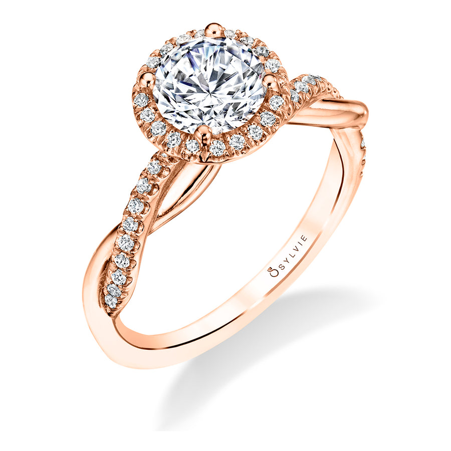 Round Cut Modern Halo Diamond Spiral Engagement Ring - Coralie 18k Gold Rose
