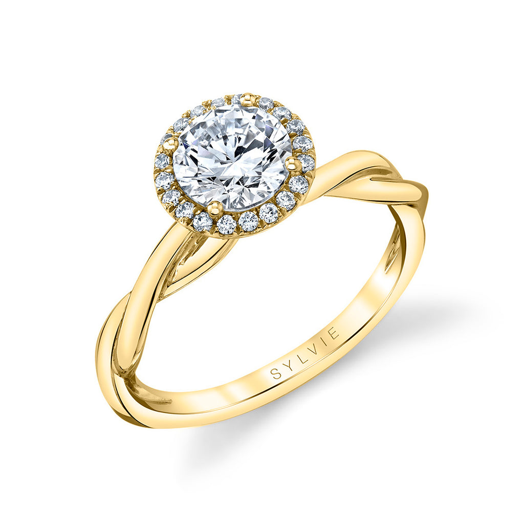 Round Cut Modern Halo Spiral Engagement Ring - Coralie 14k Gold Yellow