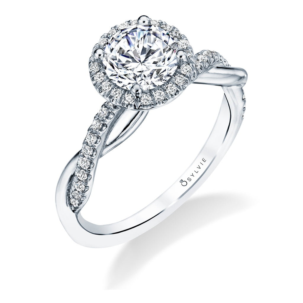 Round Cut Modern Halo Diamond Spiral Engagement Ring - Coralie 14k Gold White