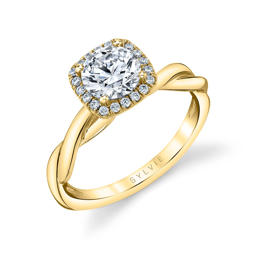 Round Cushion Cut Modern Halo Spiral Engagement Ring - Coralie 18k Gold Yellow