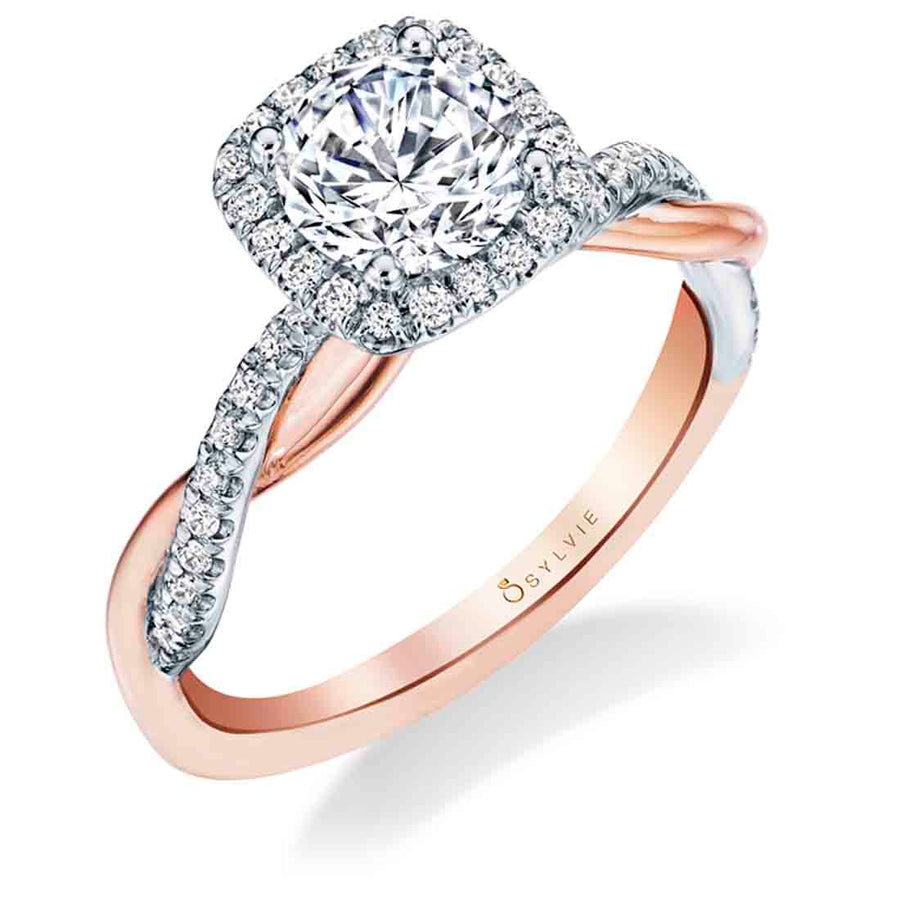 Cushion Cut Two Tone Modern Halo Diamond Spiral Engagement Ring - Coralie 14k Gold Rose