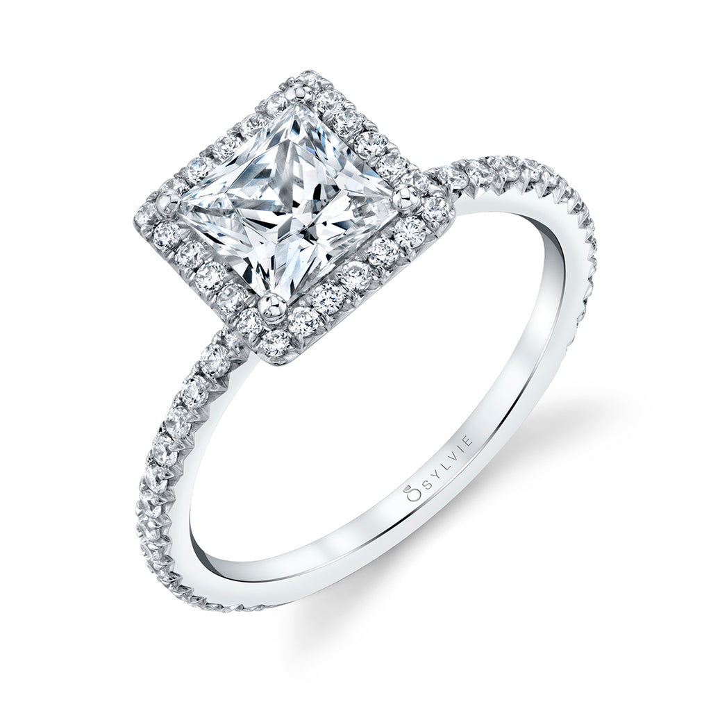 Princess Cut Classic Halo Engagement Ring - Vivian 18k Gold White