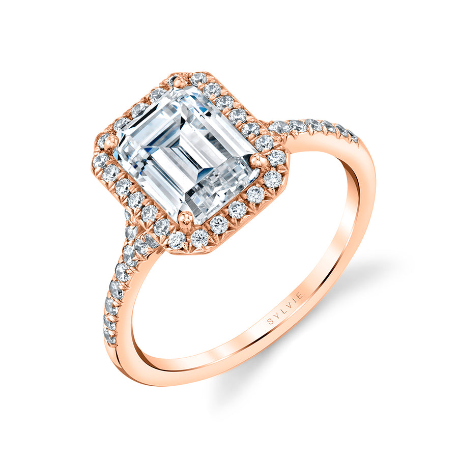 Emerald Cut Halo Engagement Ring - Alexandra 14k Gold Rose