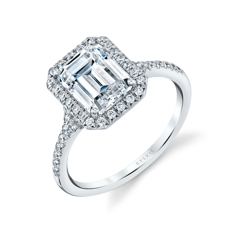 Emerald Cut Halo Engagement Ring - Alexandra 14k Gold White