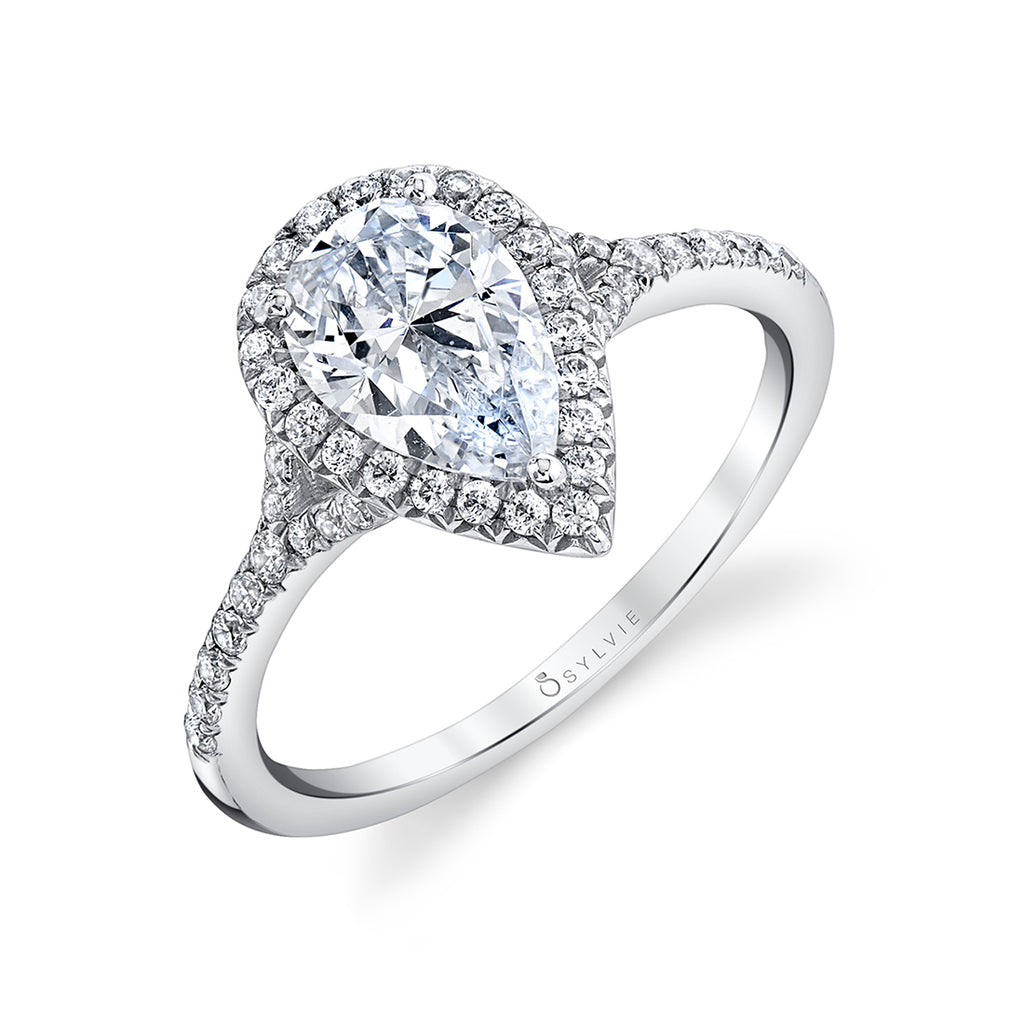 Pear Shaped Halo Engagement Ring - Alexandra 14k Gold White