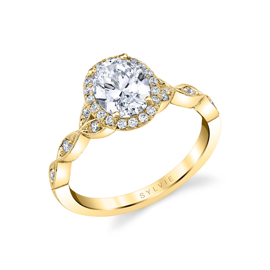 Oval Cut Unique Vintage Halo Engagement Ring - Frederique 14k Gold Yellow