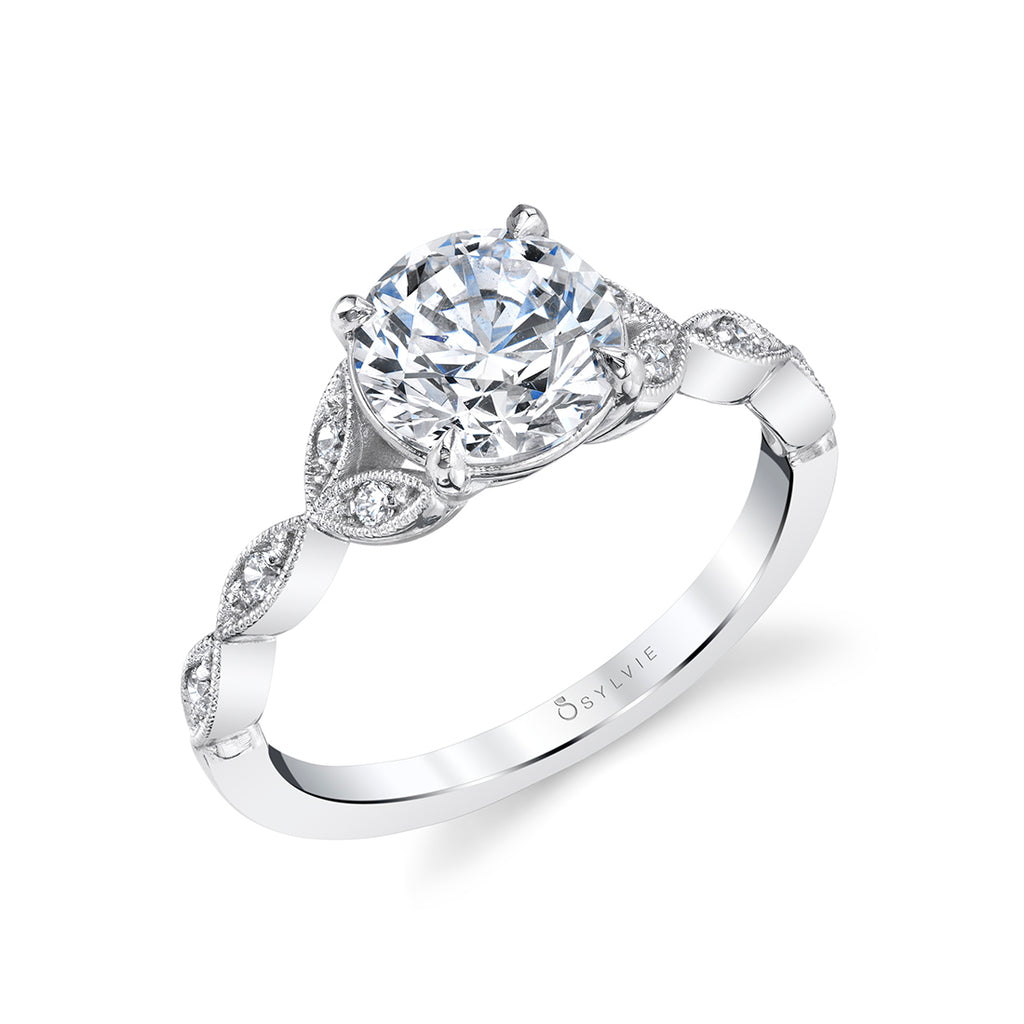 Round Cut Unique Vintage Engagement Ring - Frederique Platinum White