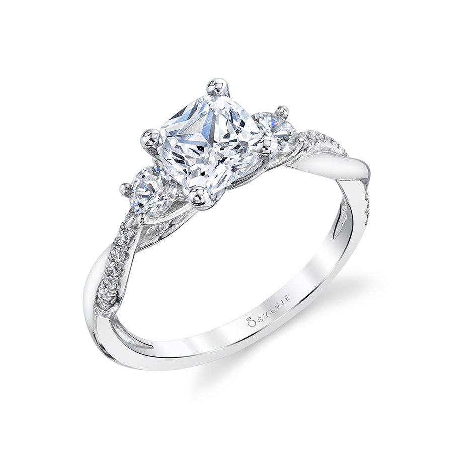 Cushion Cut Three Stone Twist Engagement Ring - Evangeline Platinum White