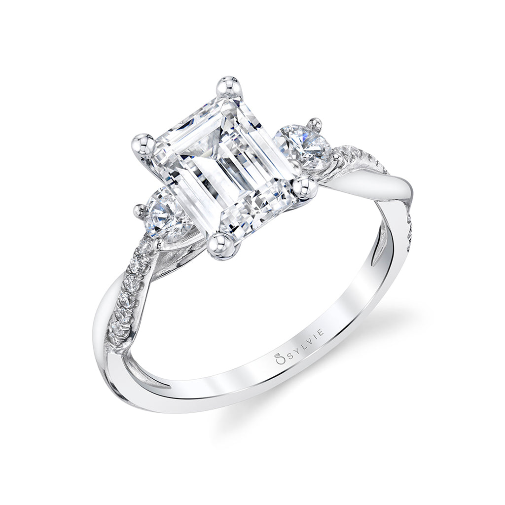 Emerald Cut Three Stone Twist Engagement Ring - Evangeline 14k Gold White