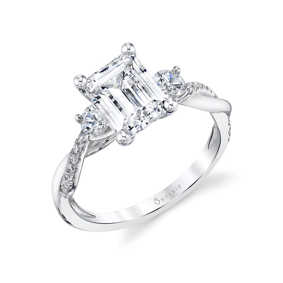 Emerald Cut Three Stone Twist Engagement Ring - Evangeline 18k Gold White
