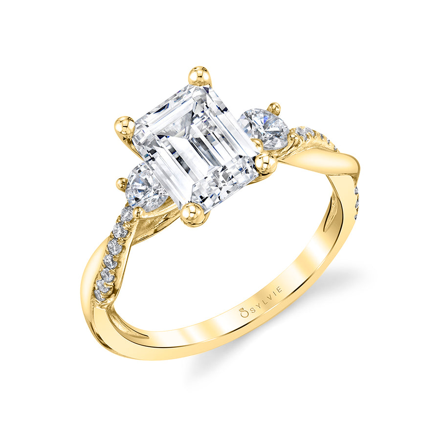 Emerald Cut Three Stone Twist Engagement Ring - Evangeline 14k Gold Yellow