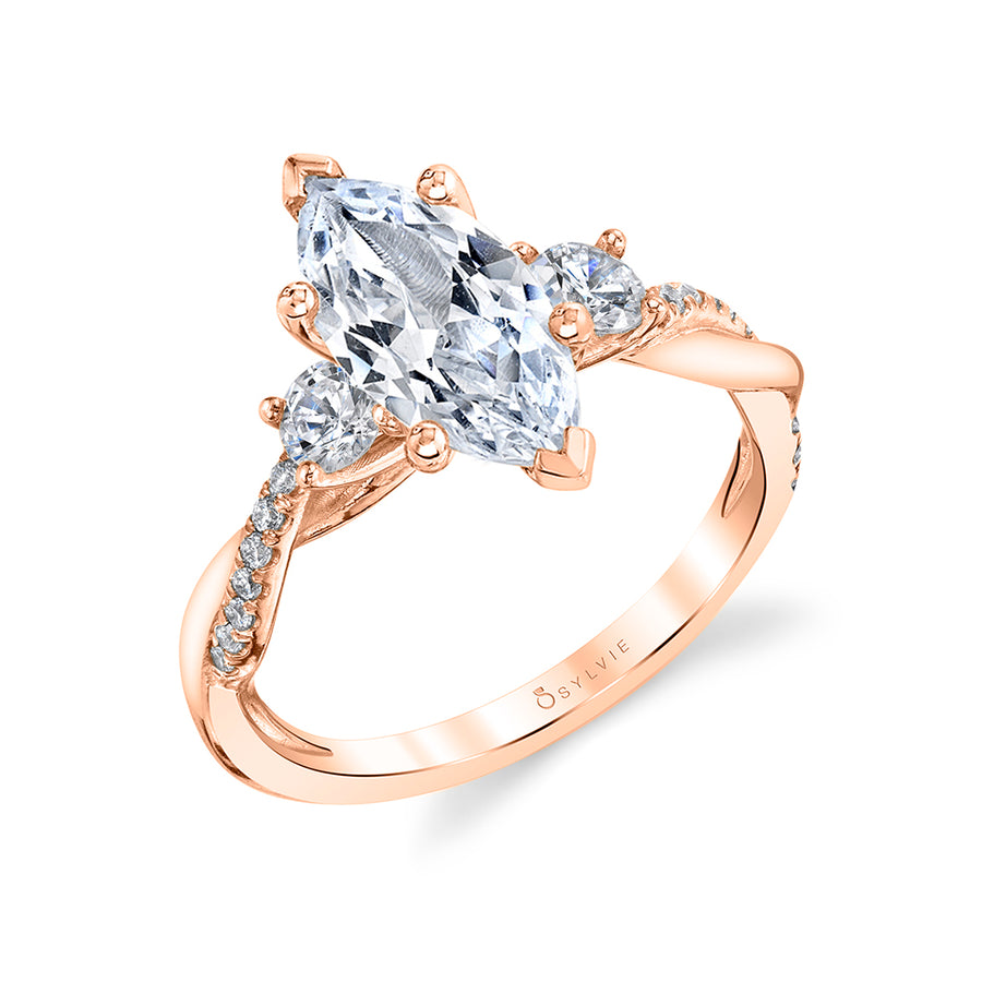 Marquise Cut Three Stone Twist Engagement Ring - Evangeline 14k Gold Rose