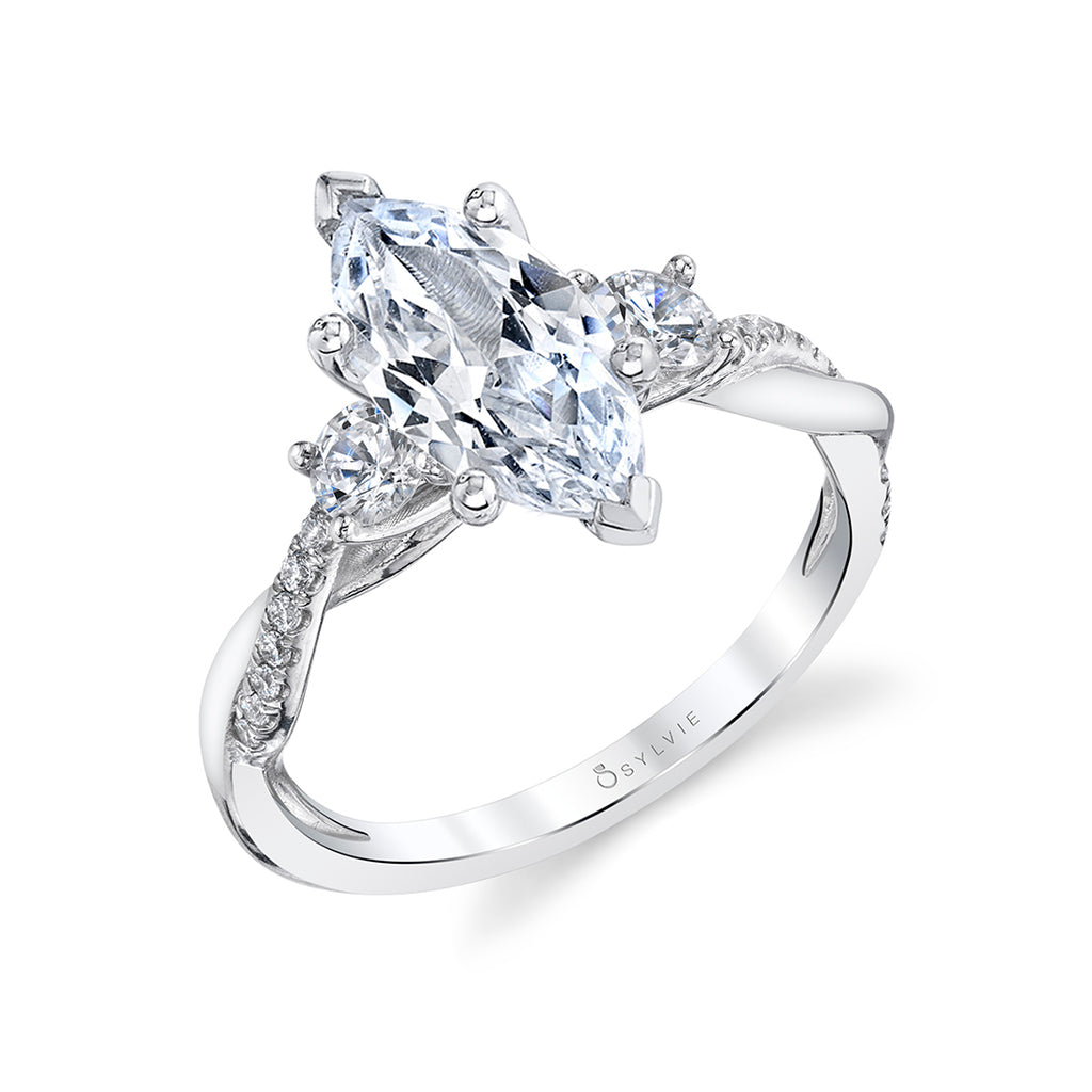 Marquise Cut Three Stone Twist Engagement Ring - Evangeline 14k Gold White