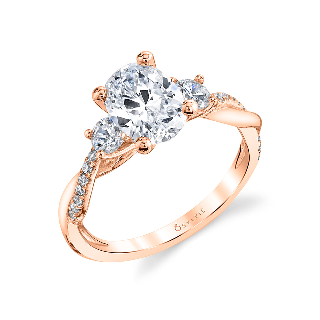 Oval Cut Three Stone Twist Engagement Ring - Evangeline 14k Gold Rose