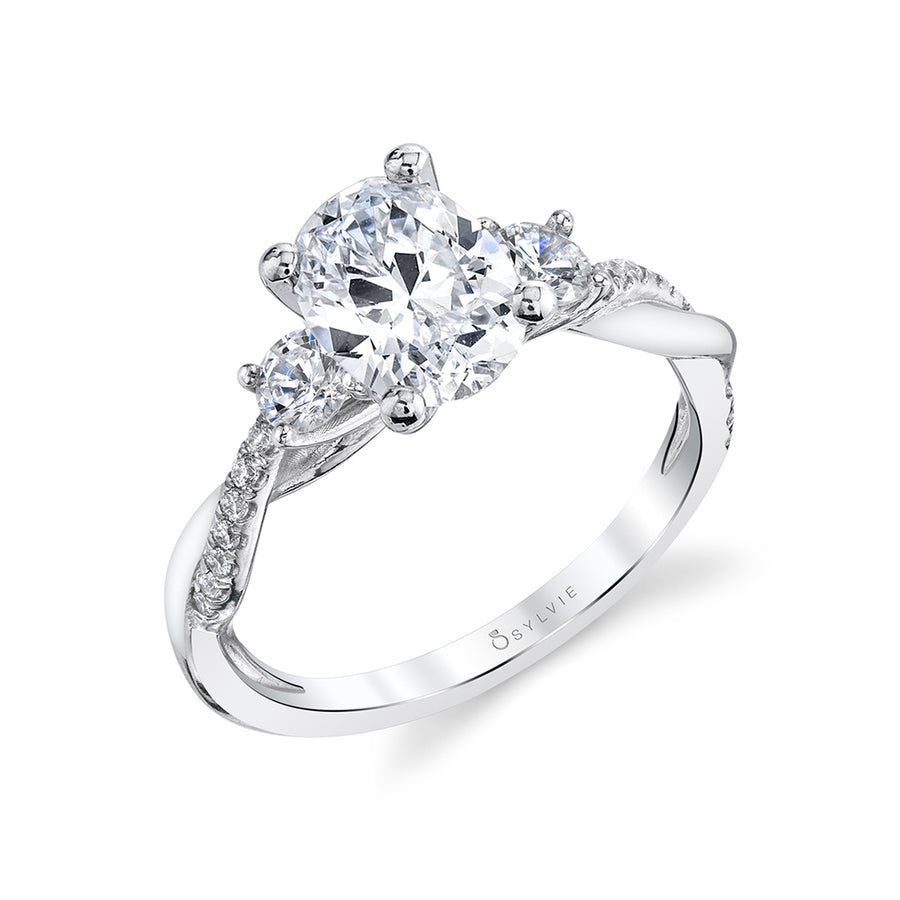 Oval Cut Three Stone Twist Engagement Ring - Evangeline 14k Gold White