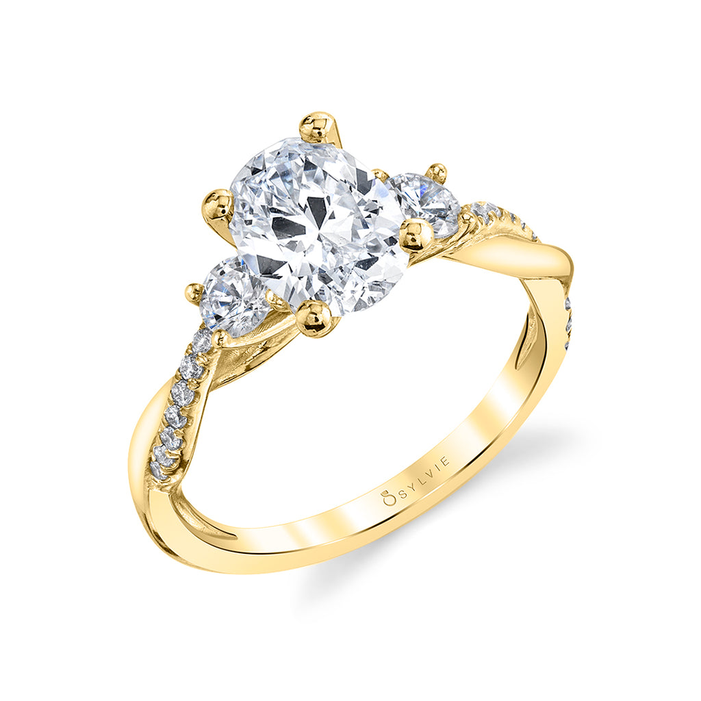 Oval Cut Three Stone Twist Engagement Ring - Evangeline 18k Gold Yellow