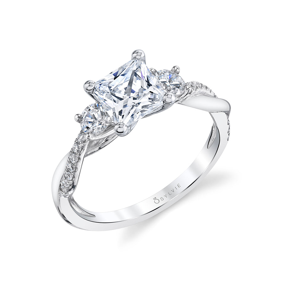 Princess Cut Three Stone Twist Engagement Ring - Evangeline 18k Gold White