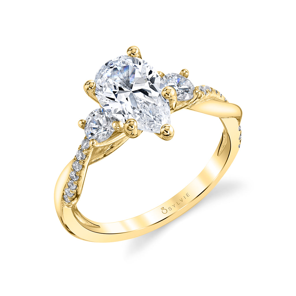 Pear Shaped Three Stone Twist Engagement Ring - Evangeline 14k Gold Yellow