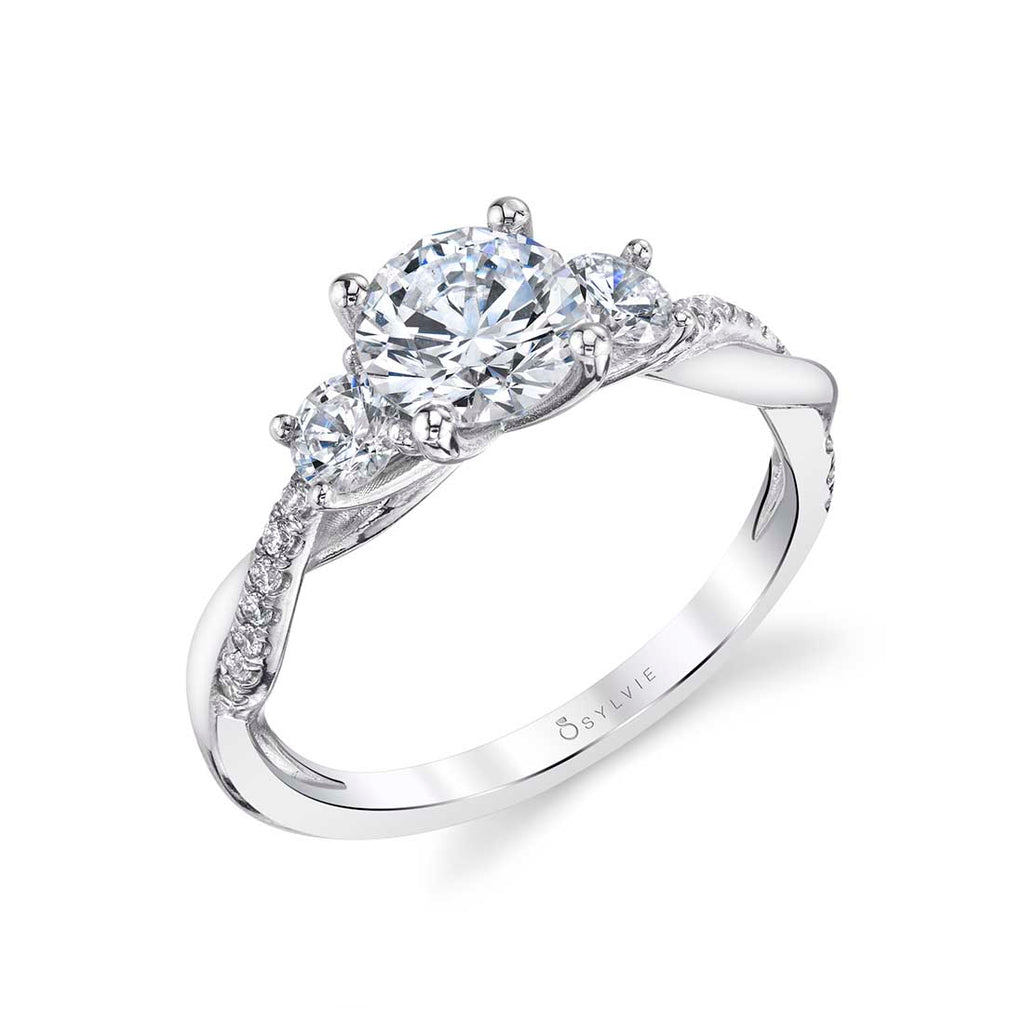 Round Cut Three Stone Twist Engagement Ring - Evangeline 14k Gold White