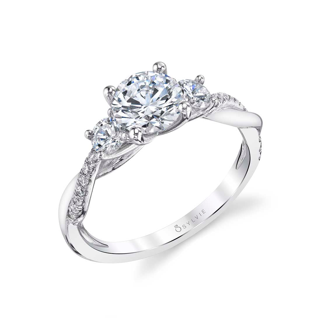 Sylvie Round Cut Three Stone Twist Engagement Ring - Evangeline 18k Gold White