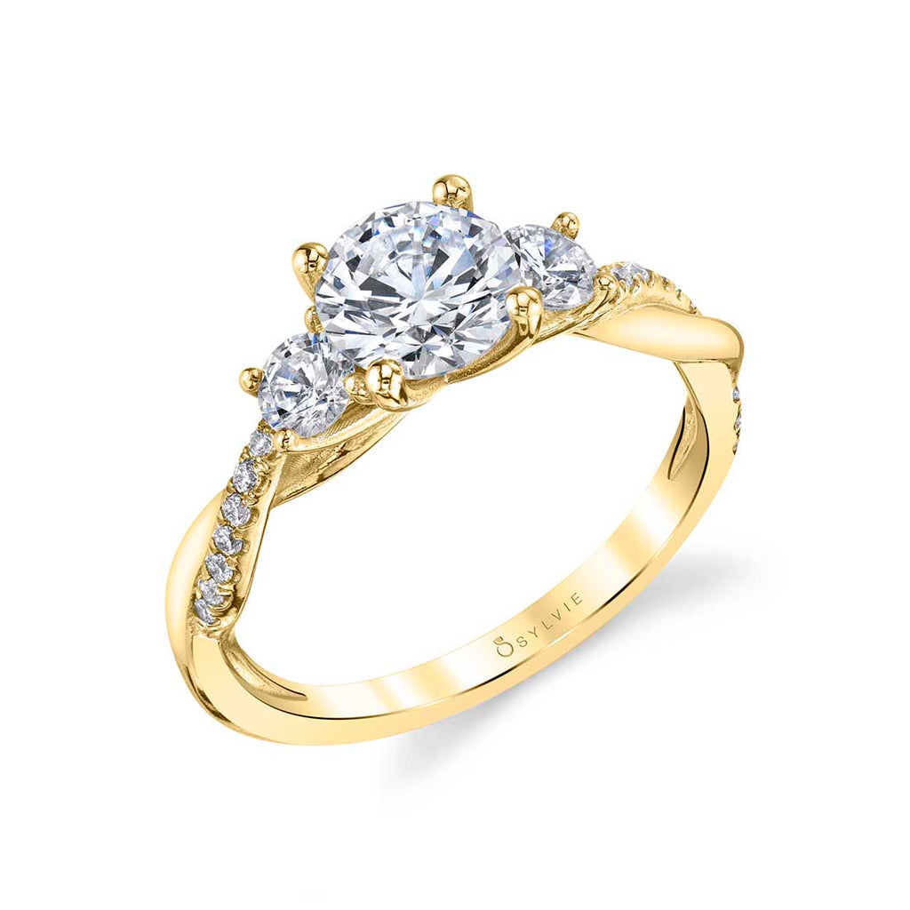 Round Cut Three Stone Twist Engagement Ring - Evangeline 18k Gold Yellow