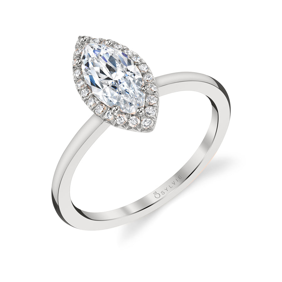 Marquise Cut Solitaire Halo Engagement Ring - Elsie 18k Gold White