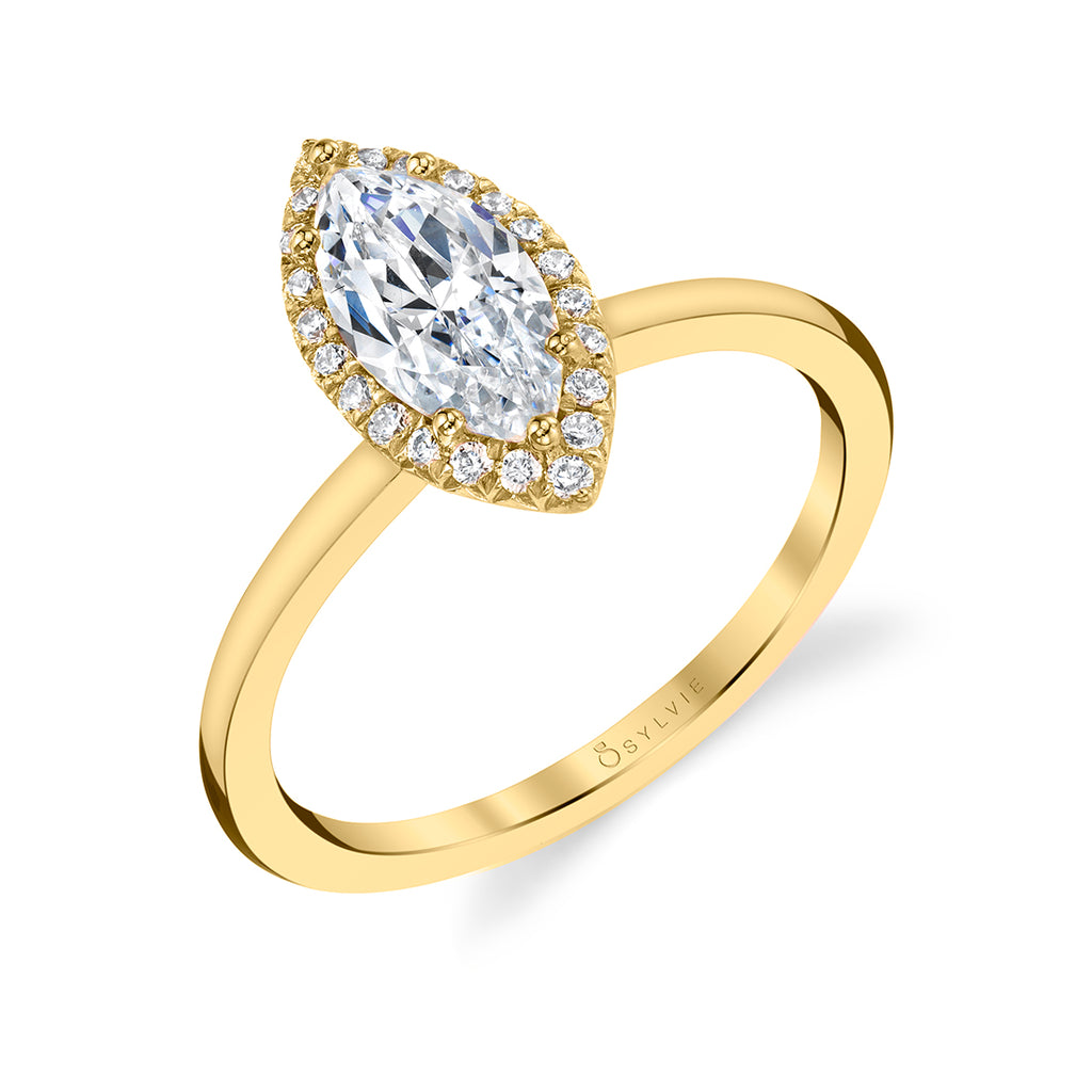 Marquise Cut Solitaire Halo Engagement Ring - Elsie 18k Gold Yellow