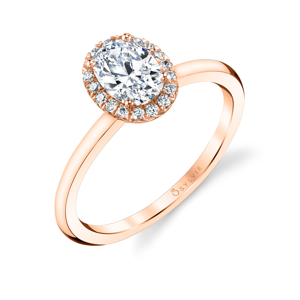 Oval Cut Solitaire Halo Engagement Ring - Elsie 18k Gold Rose