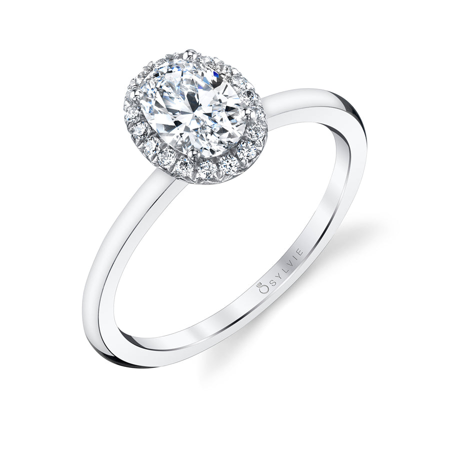 Oval Cut Solitaire Halo Engagement Ring - Elsie 18k Gold White