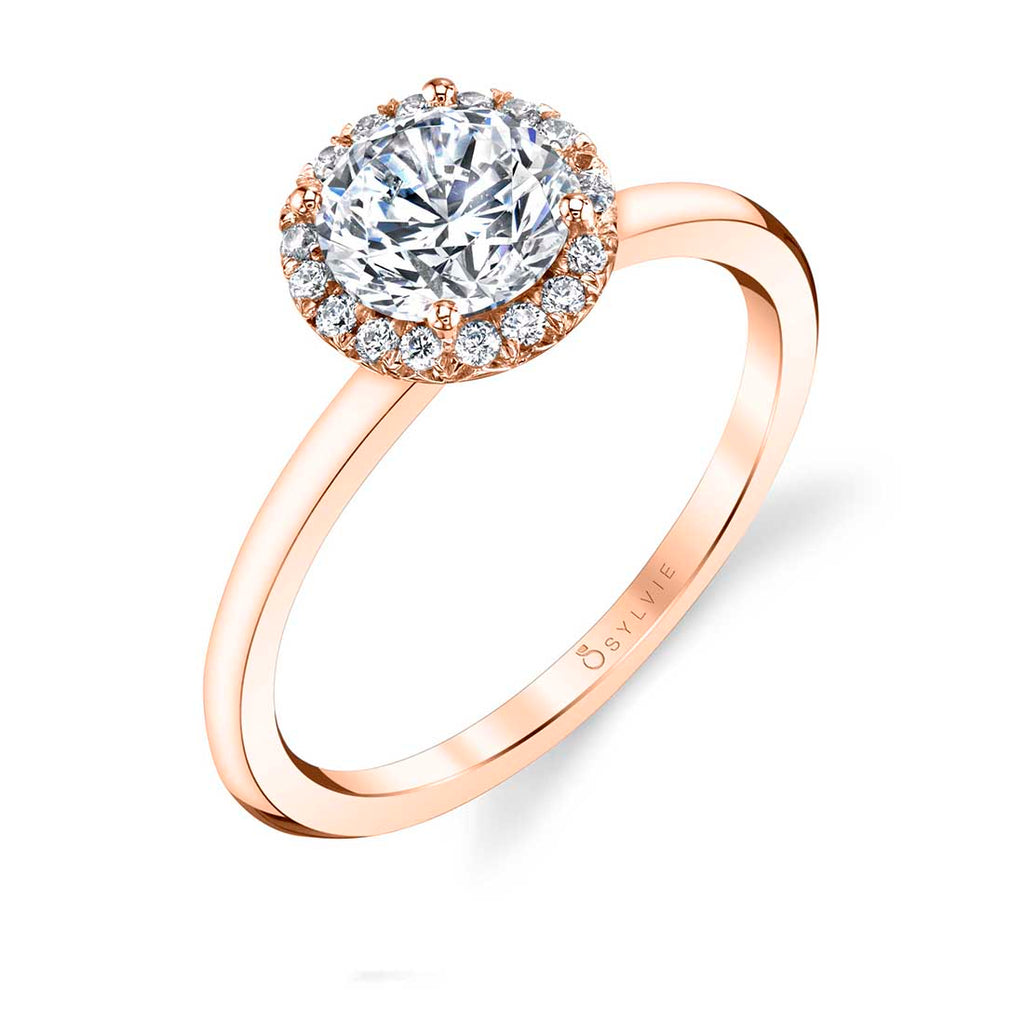 Round Cut Solitaire Halo Engagement Ring - Elsie 14k Gold Rose