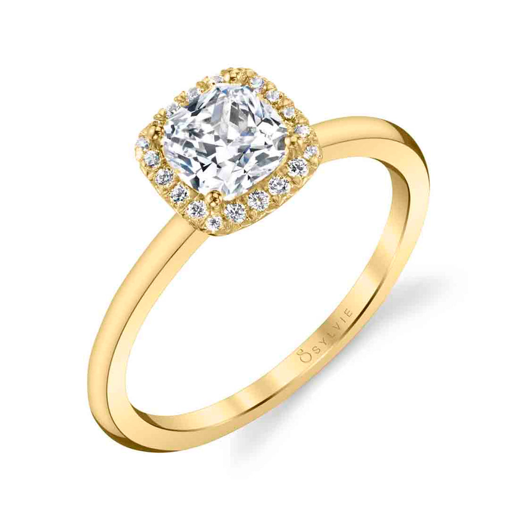 Cushion Cut Solitaire Halo Engagement Ring - Elsie 18k Gold Yellow