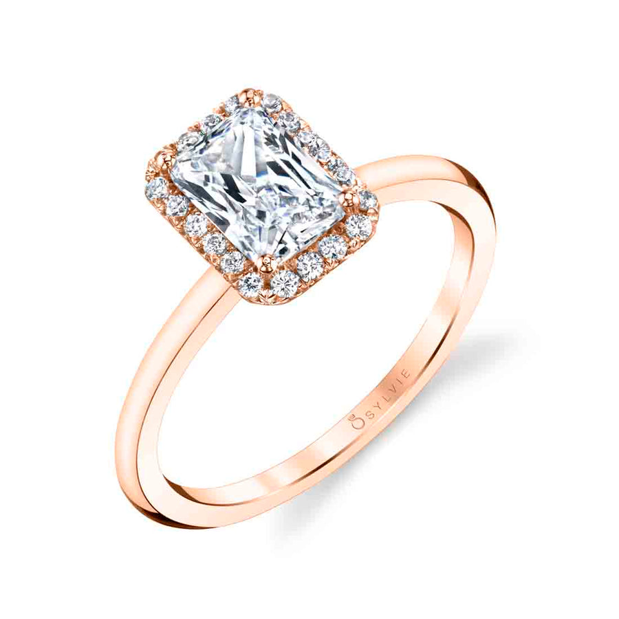 Emerald Cut Solitaire Halo Engagement Ring - Elsie 18k Gold Rose