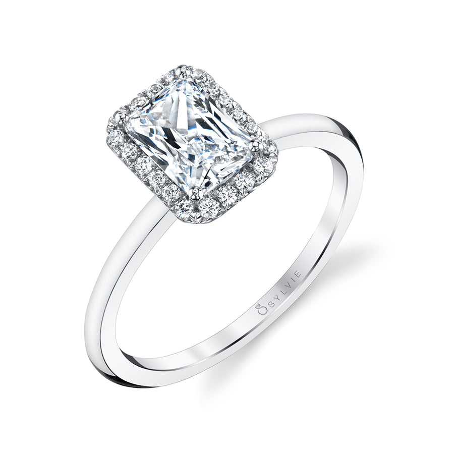 Emerald Cut Solitaire Halo Engagement Ring - Elsie 14k Gold White