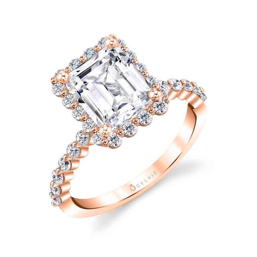 Emerald Cut Classic Halo Engagement Ring - Athena 14k Gold Rose