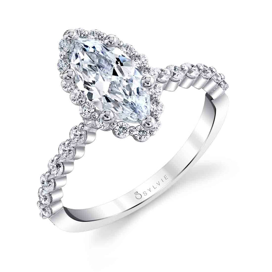 Marquise Cut Classic Halo Engagement Ring - Athena 18k Gold White