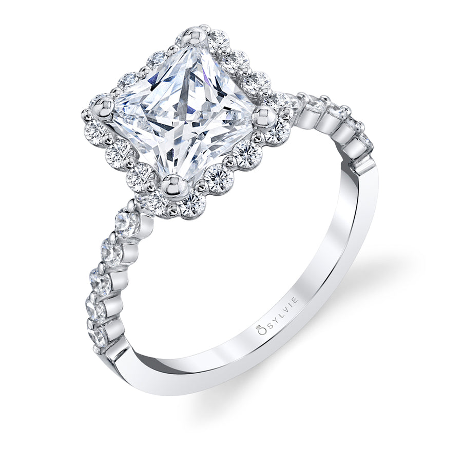 Princess Cut Classic Halo Engagement Ring - Athena Platinum White