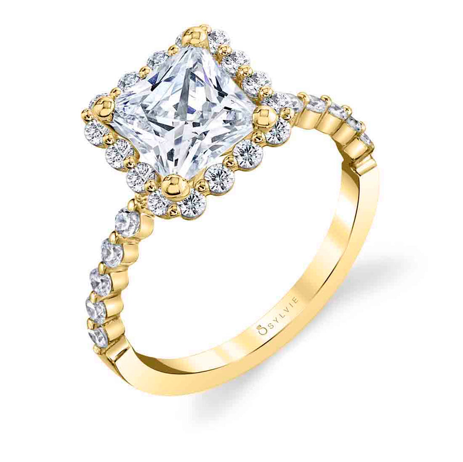 Princess Cut Classic Halo Engagement Ring - Athena 14k Gold Yellow
