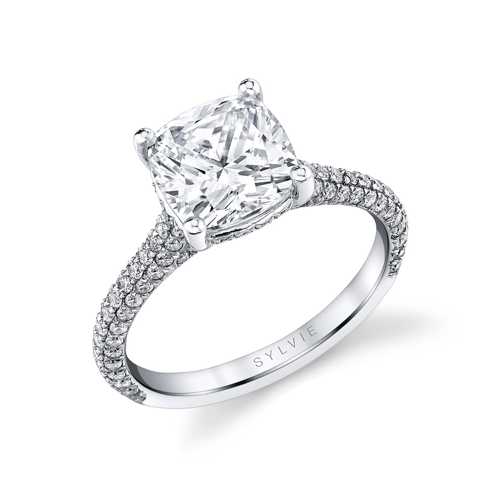 Cushion Cut Hidden Halo Pave Engagement Ring - Peighton Platinum White