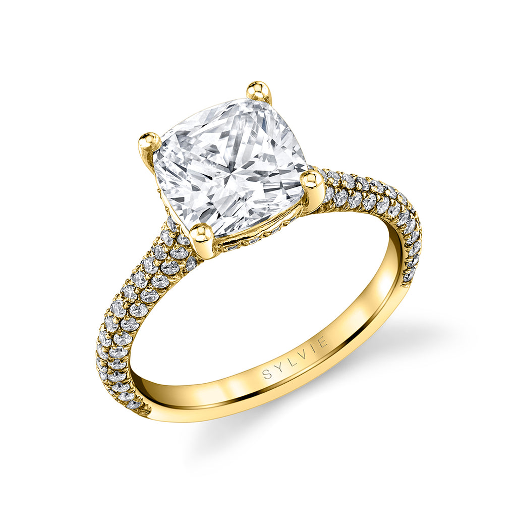 Cushion Cut Hidden Halo Pave Engagement Ring - Peighton 14k Gold Yellow