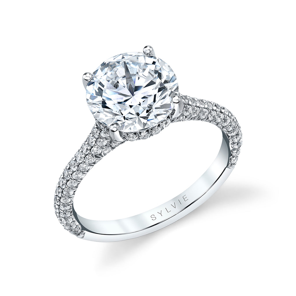 Round Cut Hidden Halo Pave Engagement Ring - Peighton 14k Gold White