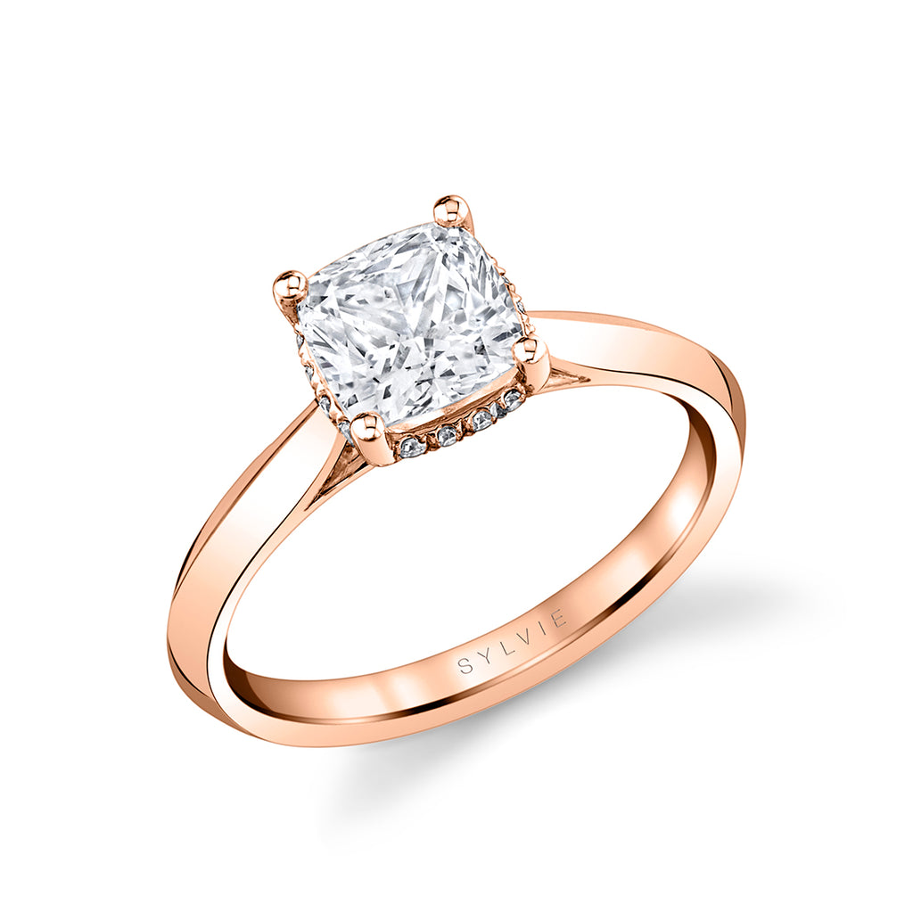 Cushion Cut Hidden Halo Solitaire Engagement Ring - Fae 14k Gold Rose