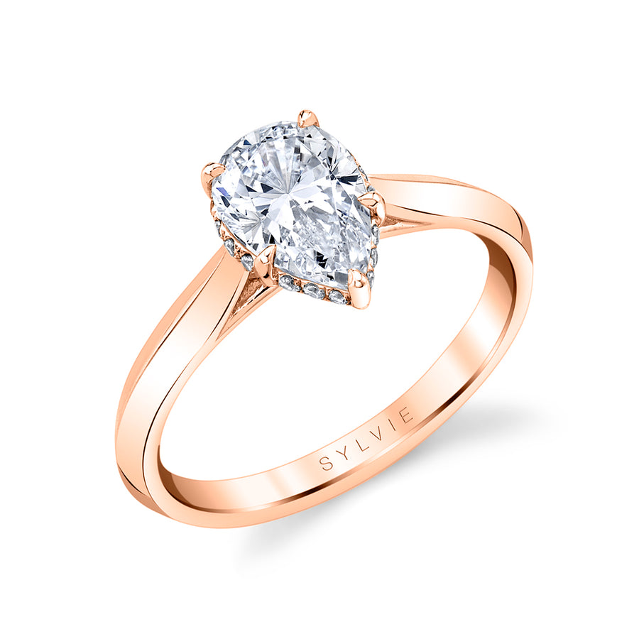 Pear Shaped Hidden Halo Solitaire Engagement Ring - Fae 14k Gold Rose