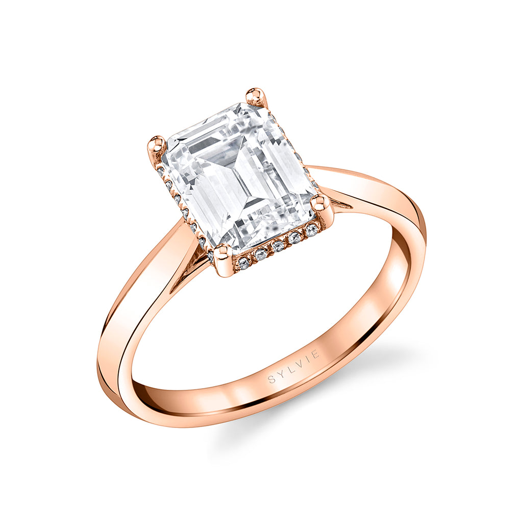 Emerald Cut Hidden Halo Solitaire Engagement Ring - Fae 14k Gold Rose