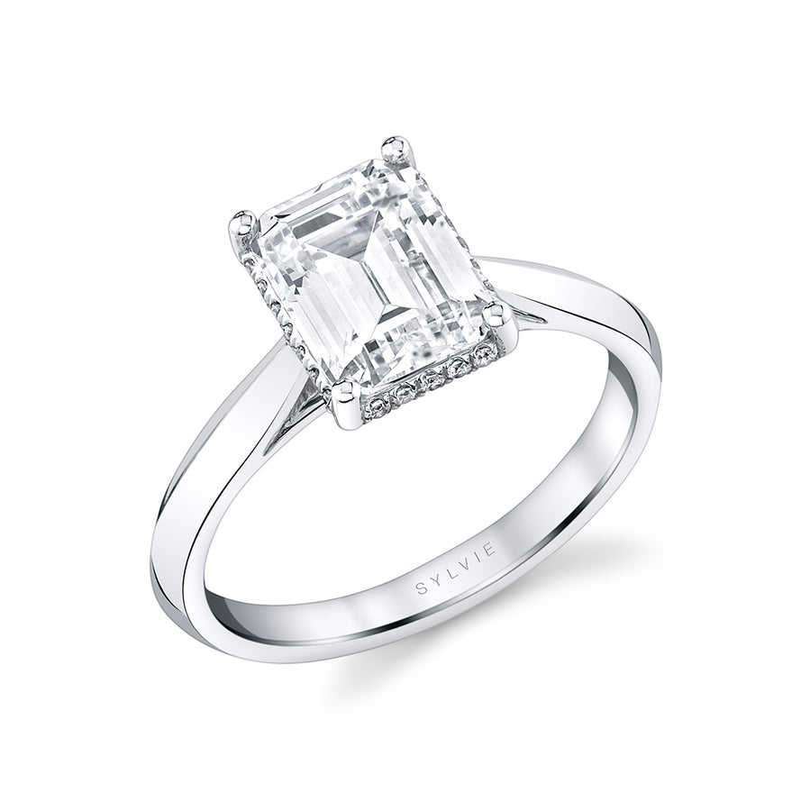 Emerald Cut Hidden Halo Solitaire Engagement Ring - Fae 18k Gold White