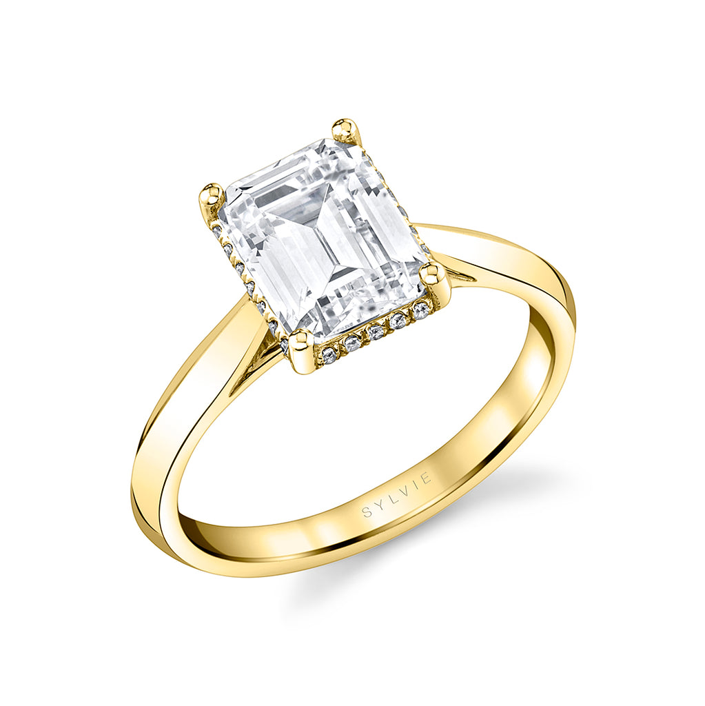 Emerald Cut Hidden Halo Solitaire Engagement Ring - Fae 14k Gold Yellow