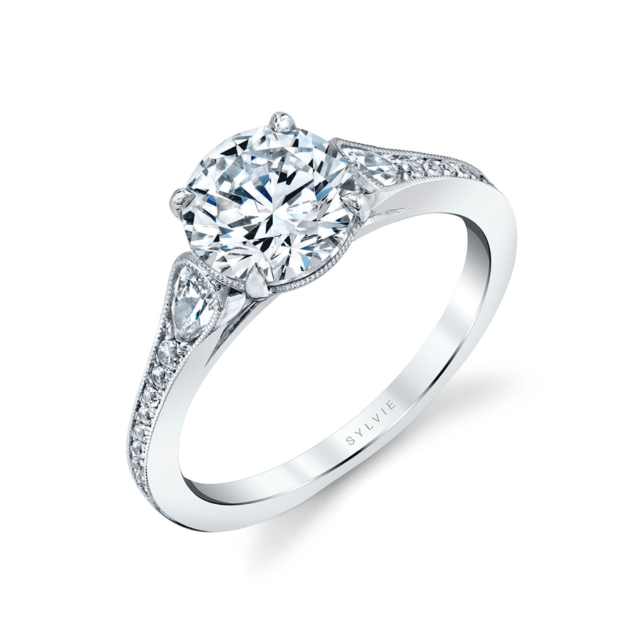 Round Cut Unique Engagement Ring - Esmeralda Platinum White