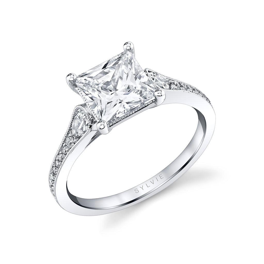 Princess Cut Unique Engagement Ring - Esmeralda Platinum White