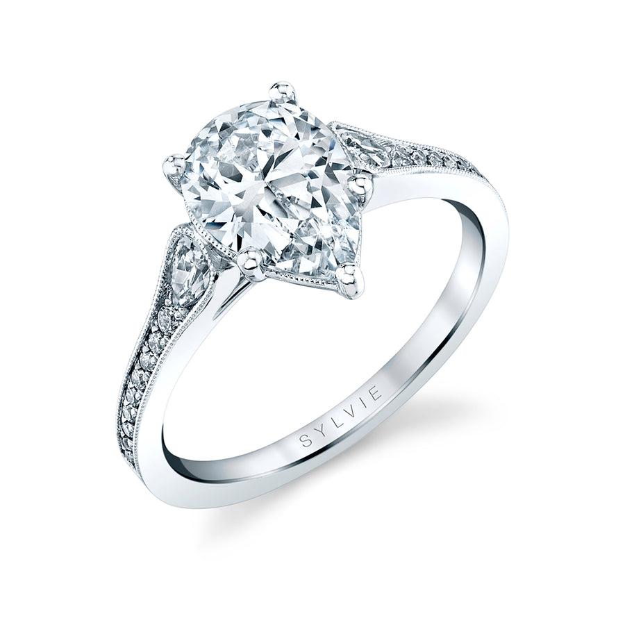 Pear Shaped Unique Engagement Ring - Esmeralda 14k Gold White