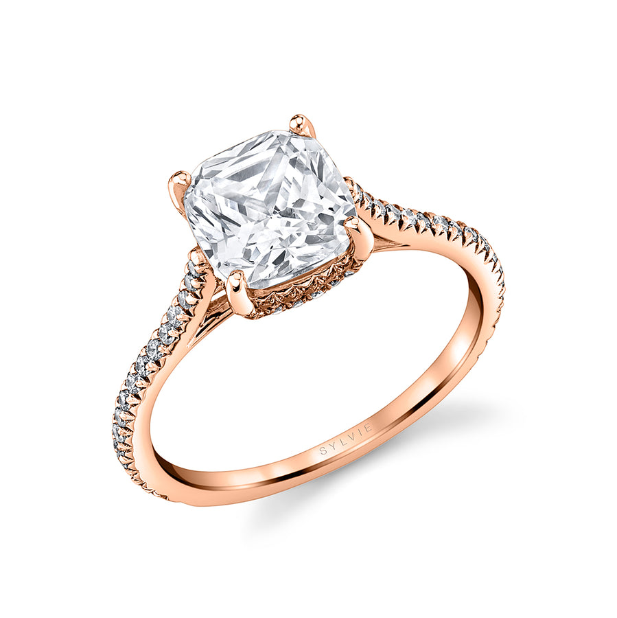 Cushion Cut Classic Hidden Halo Engagement Ring - Steffi 18k Gold Rose